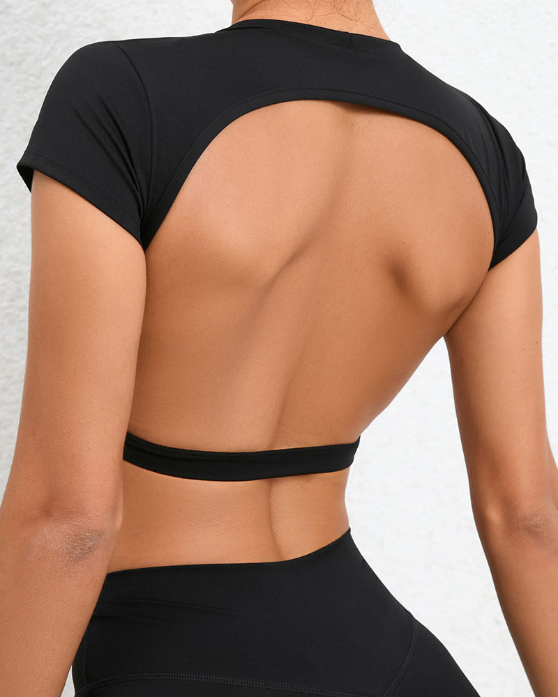 Women Tight Backless Running Fitness Short Sleeve T-shirt S-L