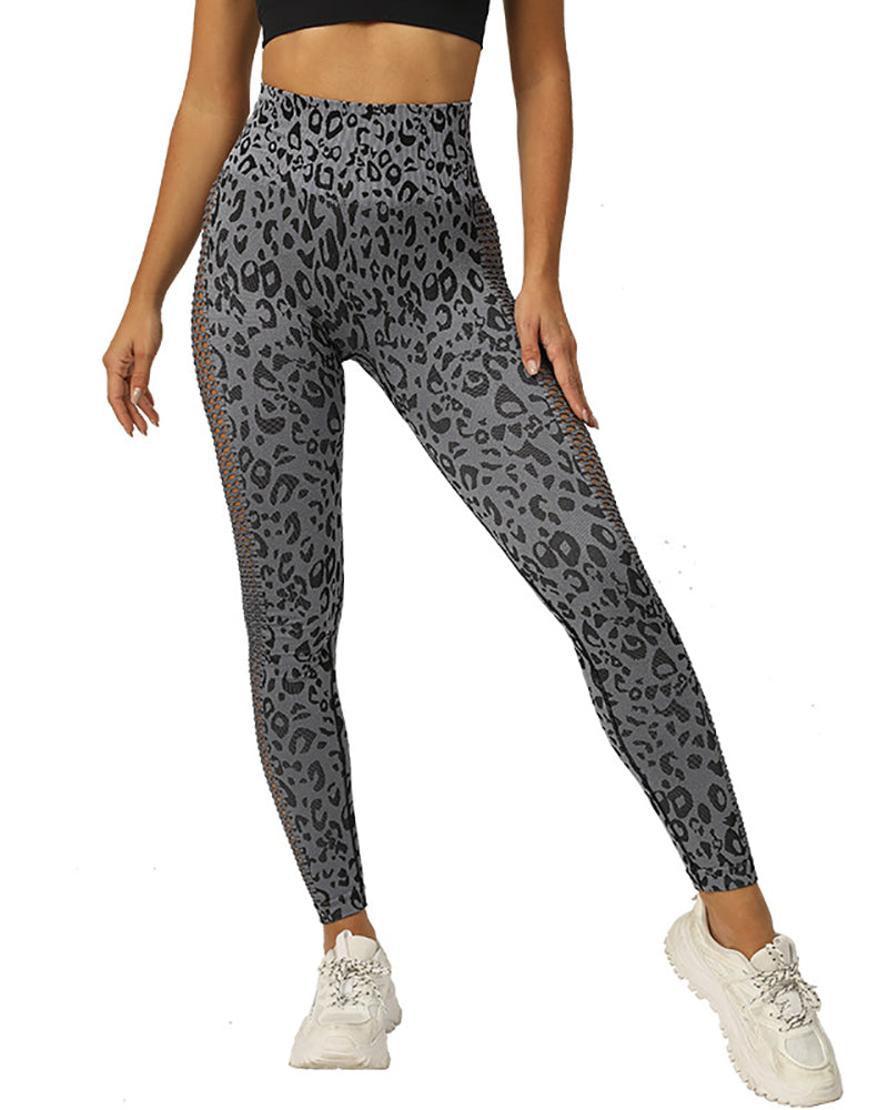 Popular Women Hollow Out Breathable Leopard Printed Running Sports Pants Gray Deep Gray S-L