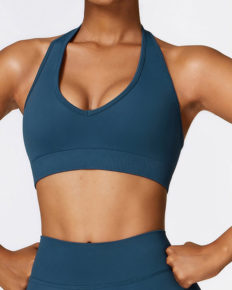 Woman Seamless V Halter Neck Knit High Elastic Sports Bra S-L