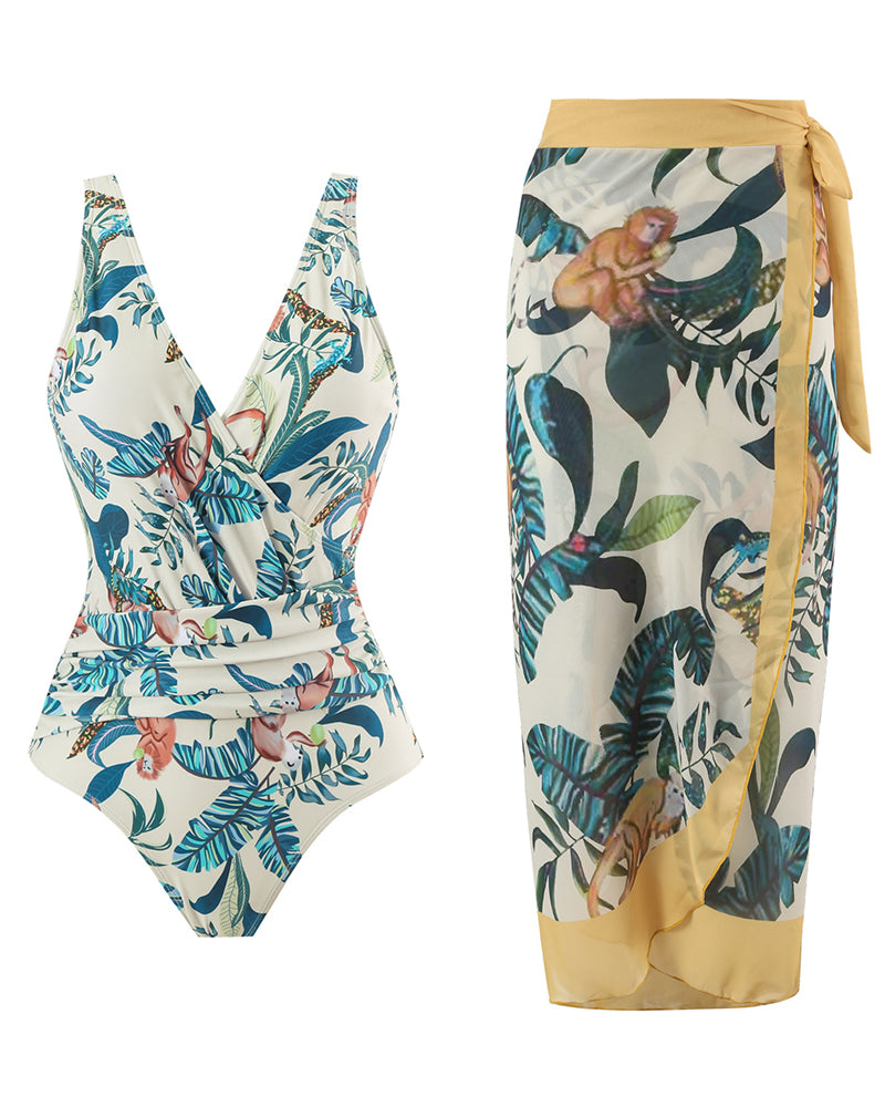 Boho Summer Sexy Printed V Neck Cover Up Two-piece Swimsuit S-XL