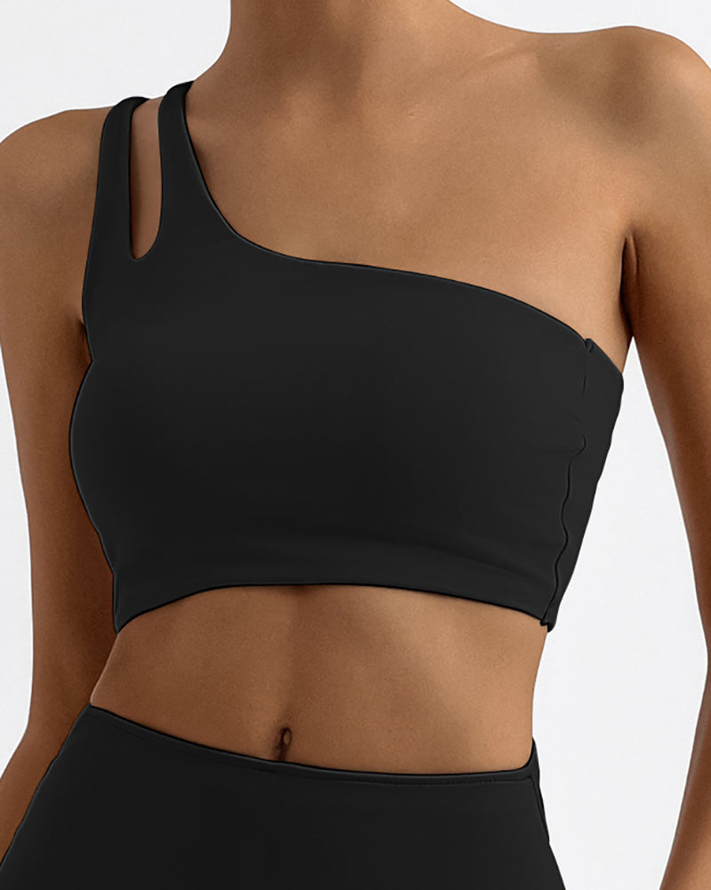 Women One Shoulder Back Criss Cross Quick-Drying Sports Bra Orange Khaki Black White S-L