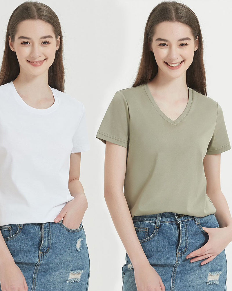 Women V-Neck 170g Cotton Summer Solid Color Basic T-shirt S-3XL