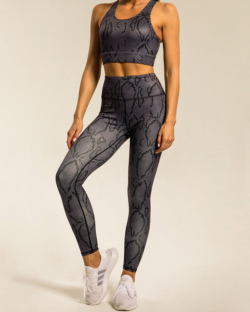 Popular Snake Print Yoga Two-piece Sets White Khaki Deep Gray S-L Pants sets