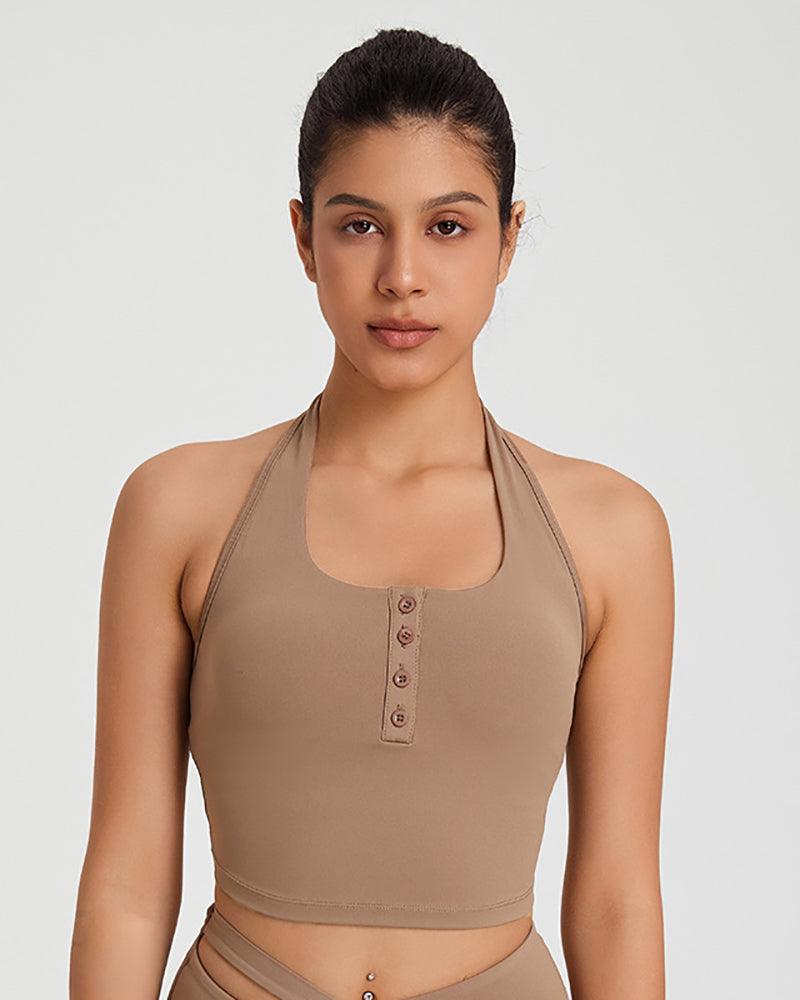 Women Sexy Halter Neck Button Yoga Quick Dry Sports Vest S-XL