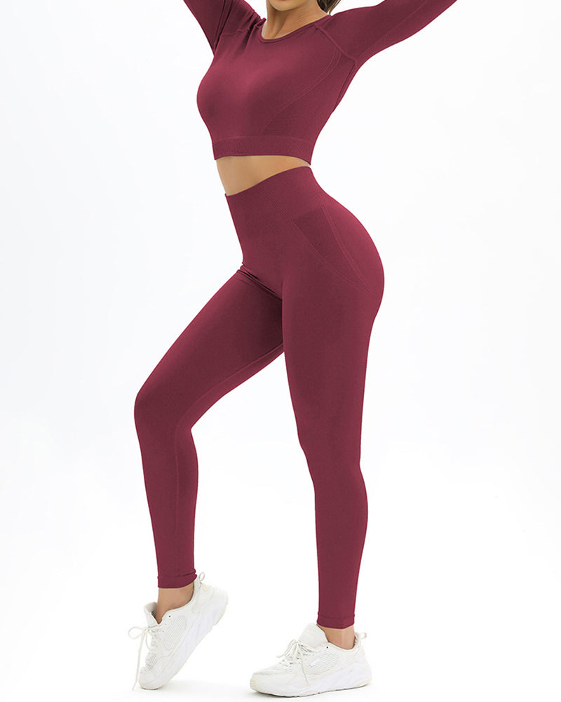 Long Sleeve Solid Color Backless Yoga Two-piece Set S-L Pants Sets