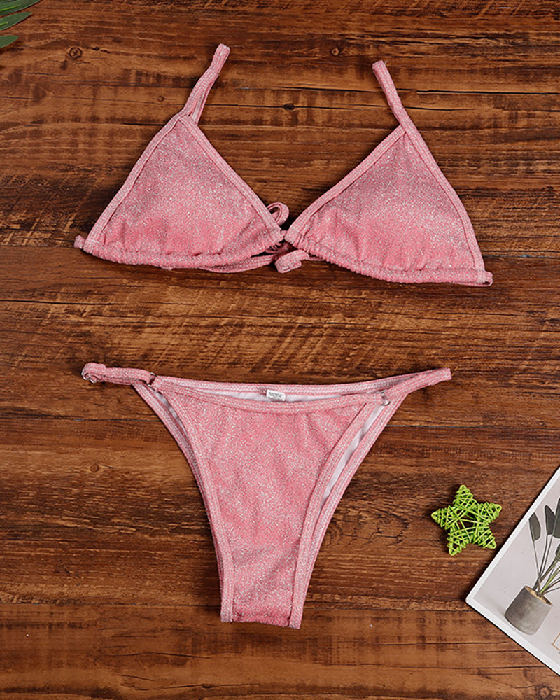 Women Strap Solid Color Sexy Bikini Swimwear High Cut Two-piece Swimsuit Pink Deep Pink Purple Gold S-XL