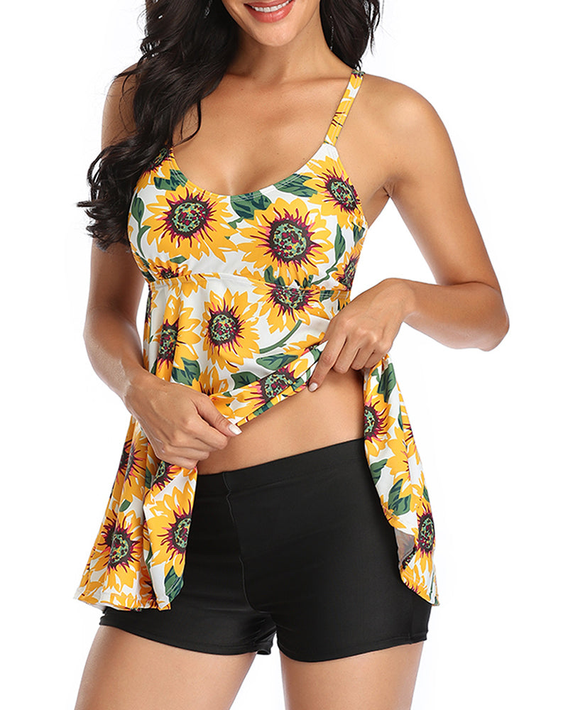 Women Summer Sunflower Printed Two-piece Swimsuit White Black S-3XL YY10190