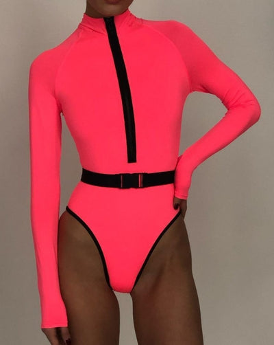 2020 New Fluorescent Color Sexy Zipper Down Insert Buckle Women's One-pieces Swimsuit S-L