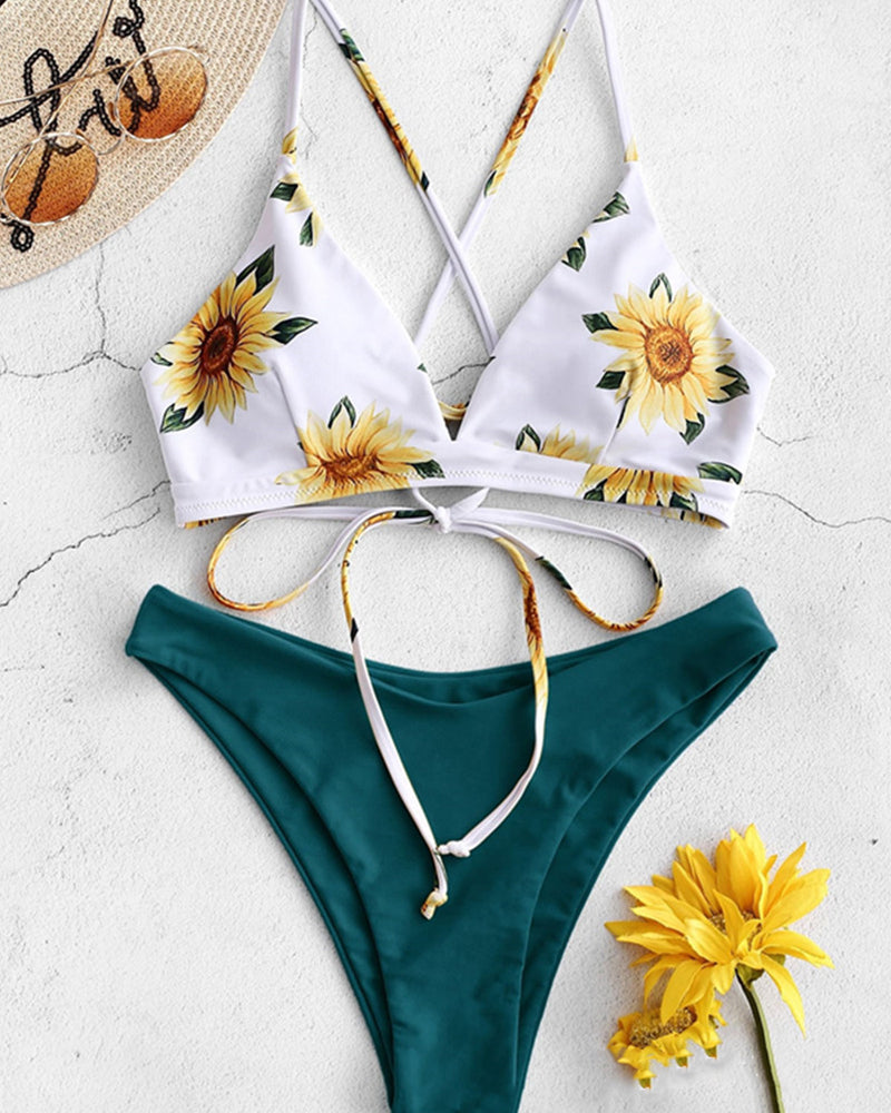 Women Sunflower Printing Two-piece Swimsuit S-XL YY10238