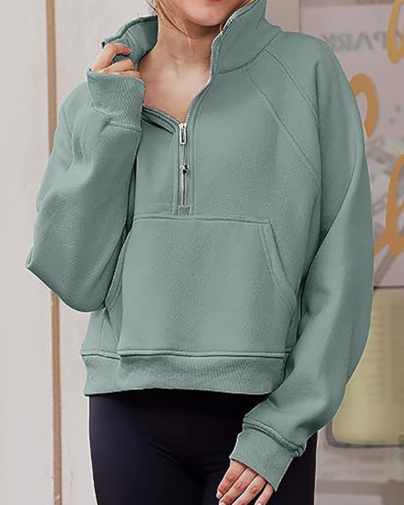 Half Zipper Long Sleeve Pocket Sweater Stand Neck Pullover Top S-XL