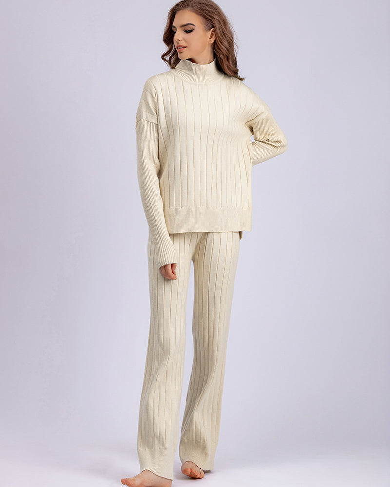 Autumn New High Neck Sweater Suit Warm Pullover Two Pieces Sets One Size