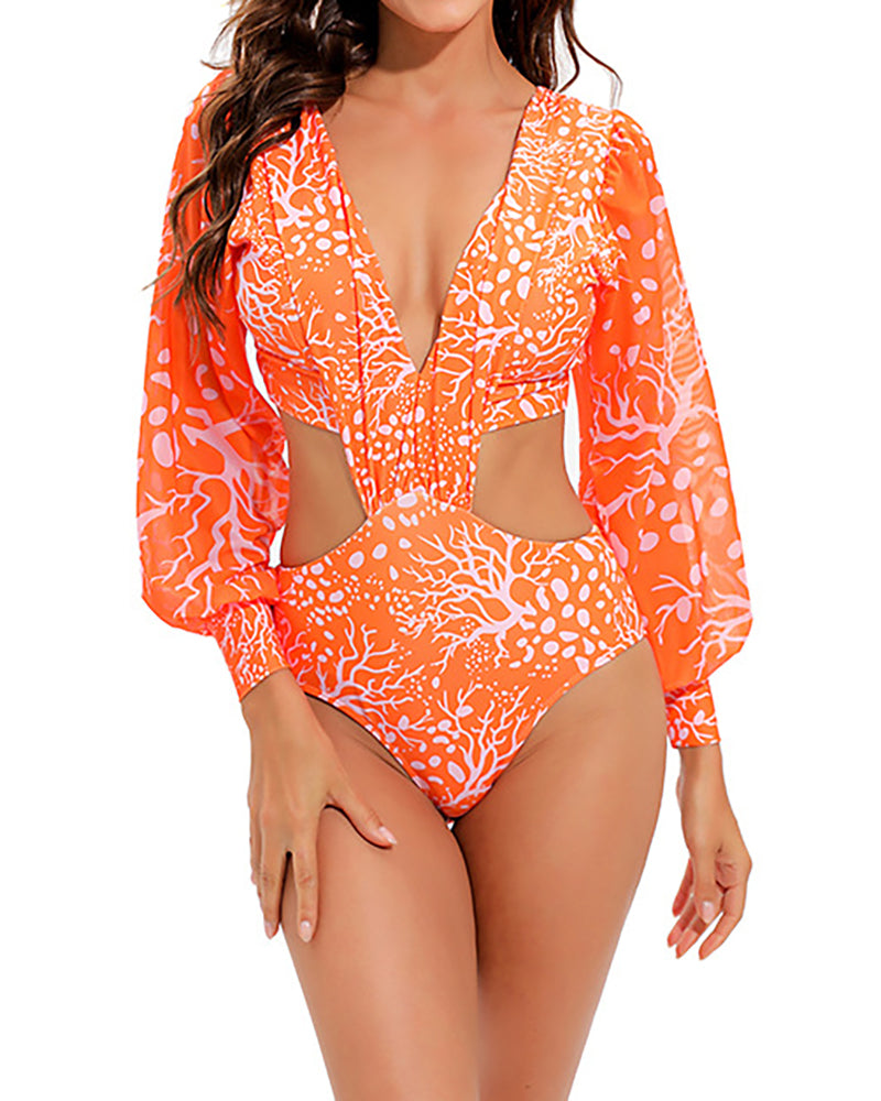 Lady Backless Hollow Out Sexy Printing Long Sleeve One Piece Swimwear S-XL