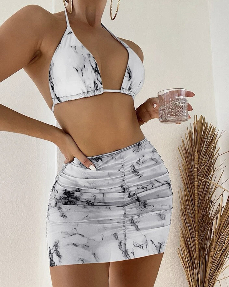 Fashion Printed New Style Lady Halter Neck High Waist Three-piece Swimsuit Brown White Orange Blue S-L