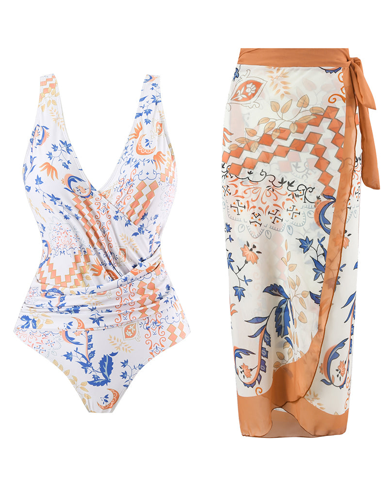 Boho Summer Sexy Printed V Neck Cover Up Two-piece Swimsuit S-XL