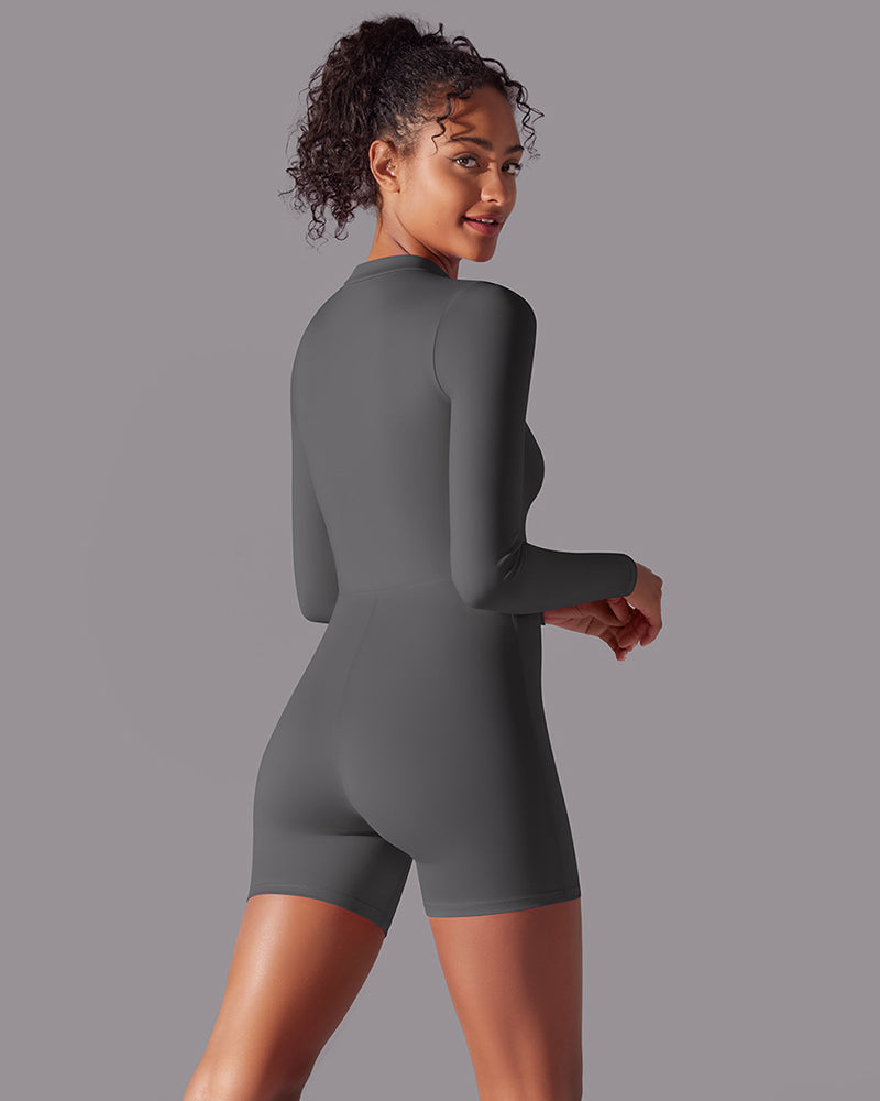 Women Long Sleeve Zipper Front Solid Color Romper S-XL