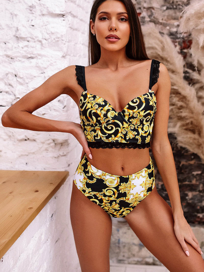 Sexy V-neck Lace High Waist Two-piece Swimsuit Yellow S-L YY10270