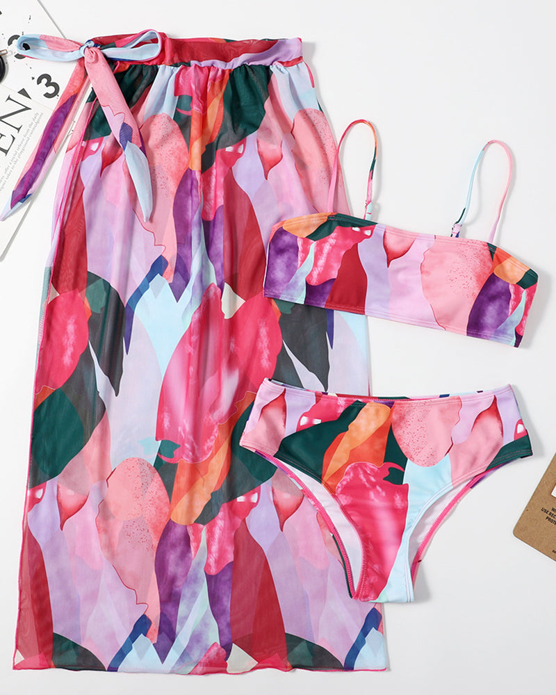 Fashion Printed Women Sexy Colorblock Three-piece Swimsuit Yellow Red Green Light Purple Pink Blue Orange S-XL YY10015