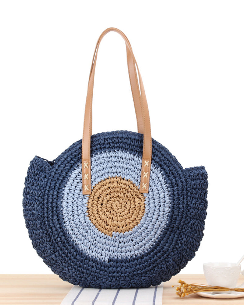 Round Straw Beach Bag Vintage Handmade Woven Shoulder Bag Raffia circle Rattan bags Bohemian Summer Vacation Casual Bags OM6318