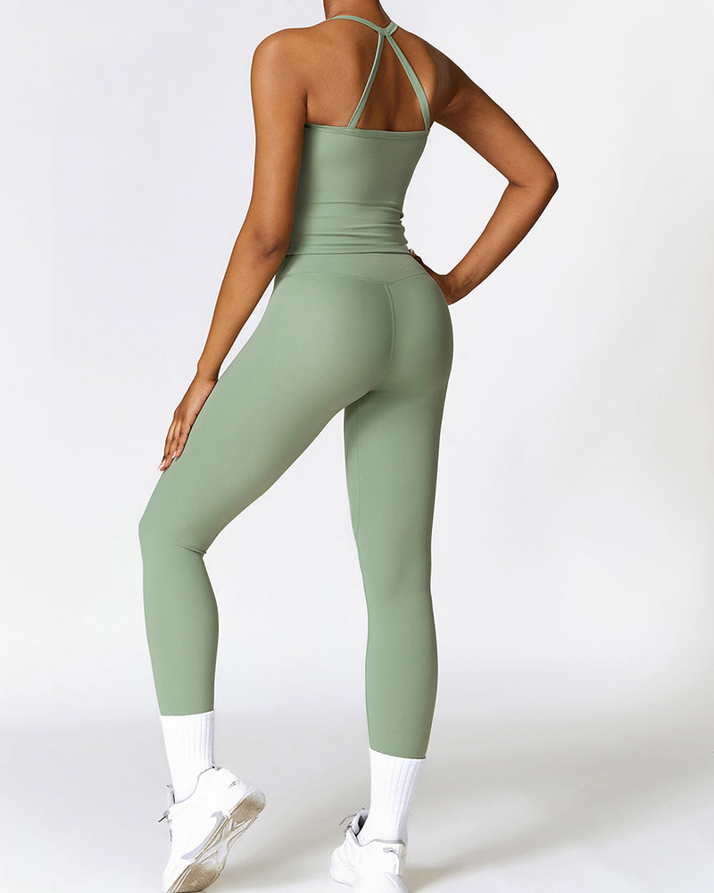 Woman Strap Vest Solid Color Pants Yoga Two-piece Sets S-XL