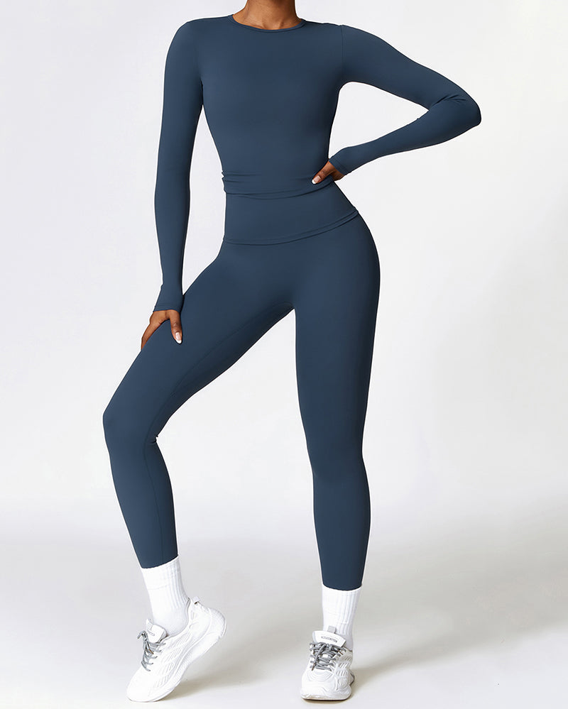 Women Long Sleeve Solid Color Sports Top High Waist Pants Yoga Two-piece Sets S-XL