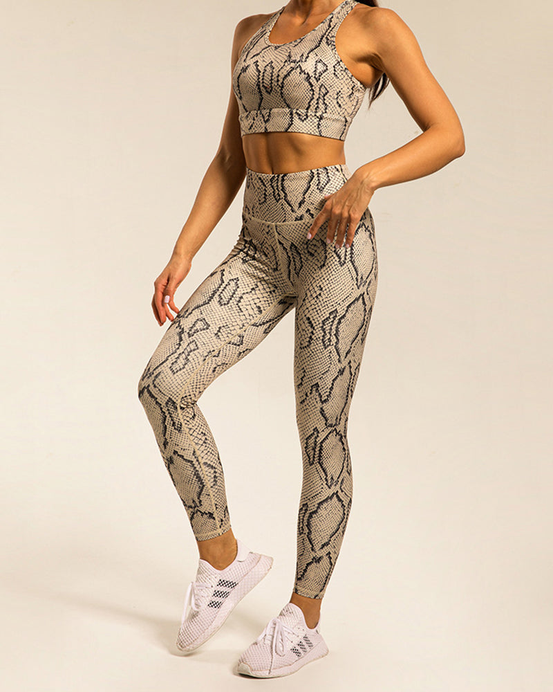 Popular Snake Print Yoga Two-piece Sets White Khaki Deep Gray S-L Pants sets