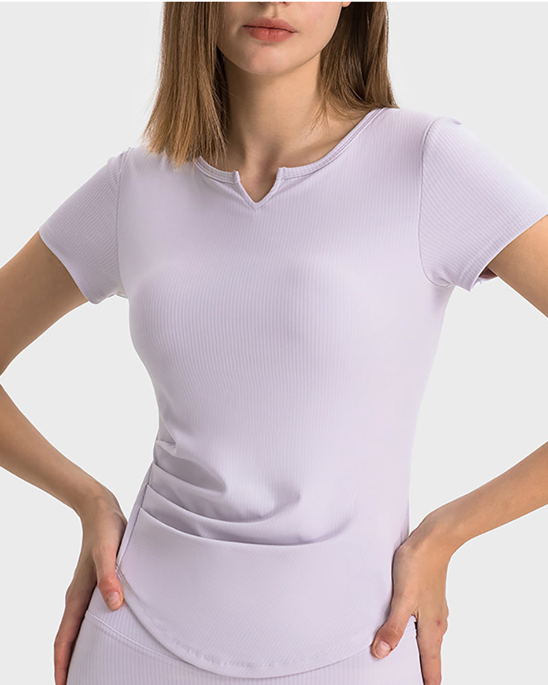 Women V-Neck Ruched Solid Color Short Sleeve Slim Yoga Tops 4-12