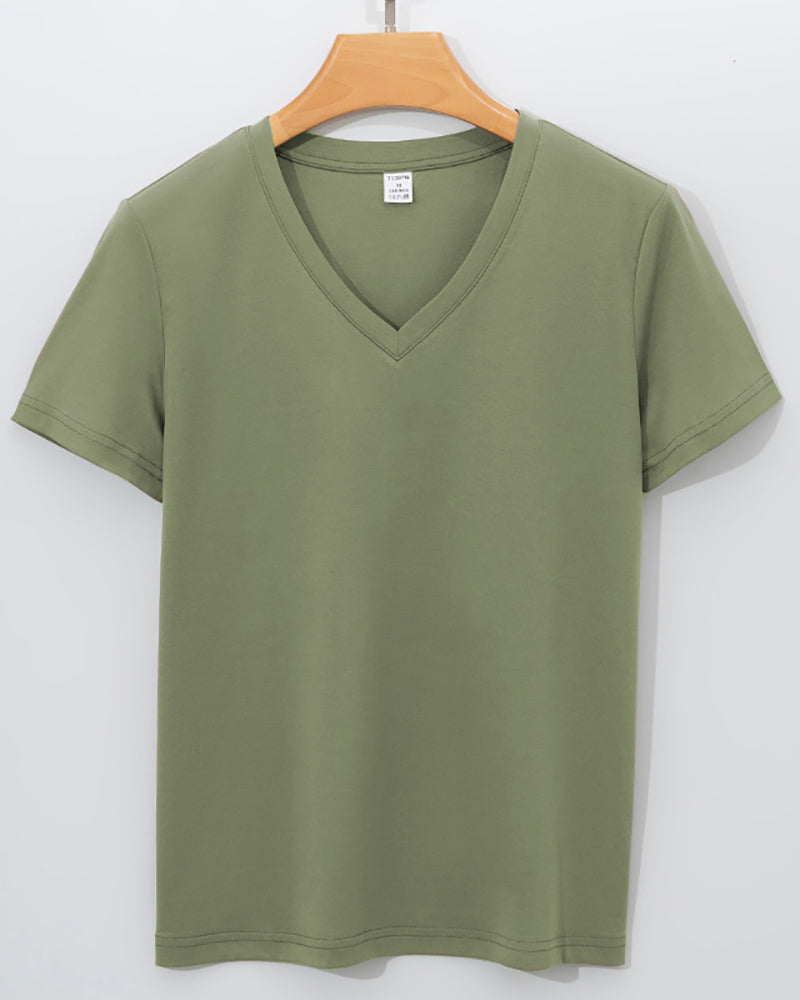 Women V-Neck 170g Cotton Summer Solid Color Basic T-shirt S-3XL