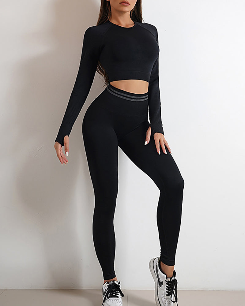 Women Active Wear Autumn Winter Long Sleeve O Neck High Waist Pants Sets S-L