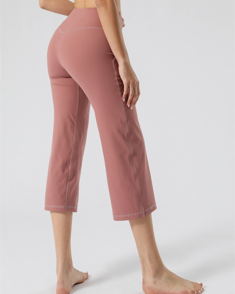 Summer New High Waist Pocket Wide Leg Yoga Cropped Straight Pants Solid Color S-XL