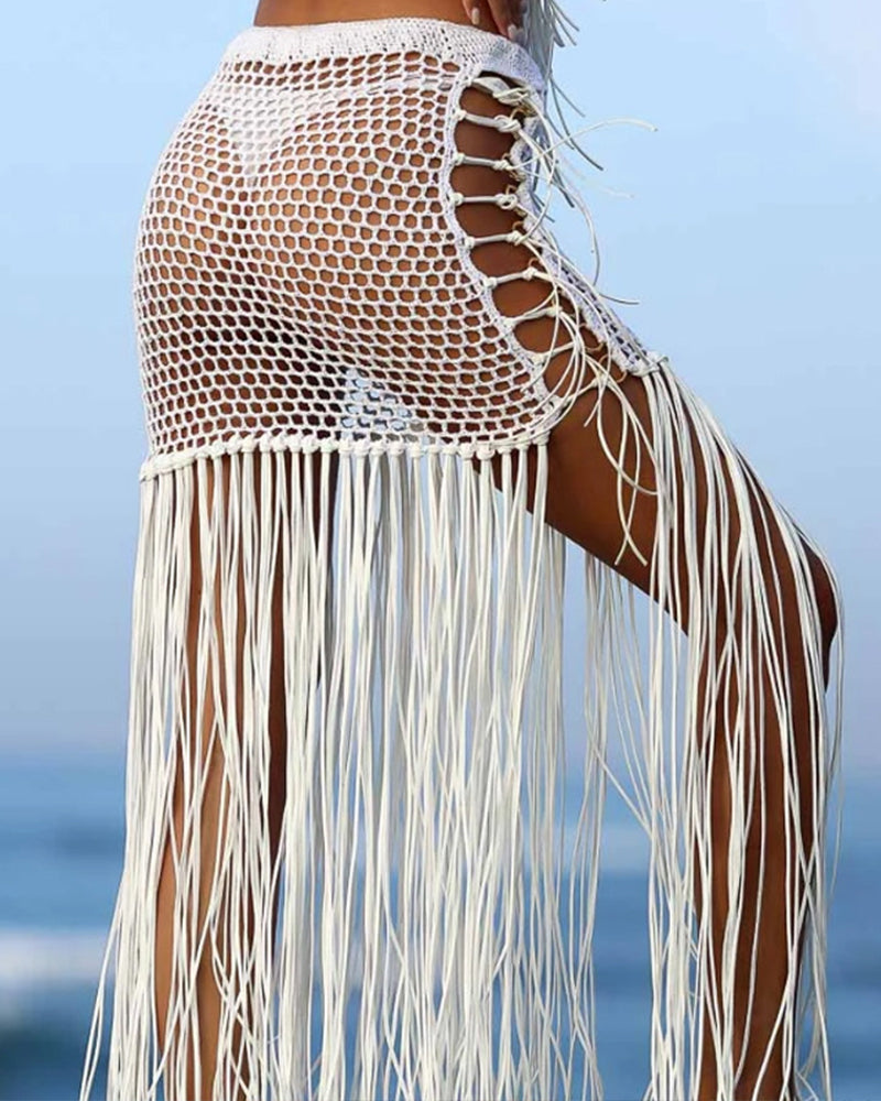 New Sunscreen Hand Crocheted Bag Hip Skirt Bohemian Style Hand Hook Hollow Long Fringed Skirt OM25969