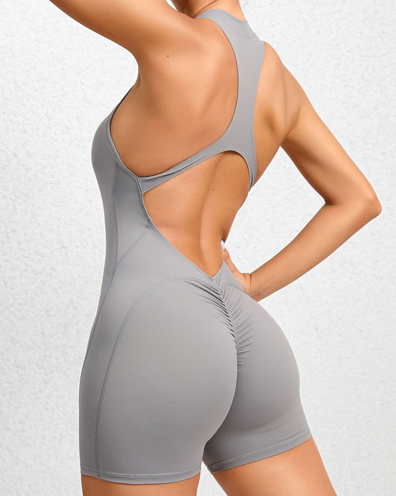 Popular Solid Color Sleeveless I-Back Zipper Front Sports Romper S-L