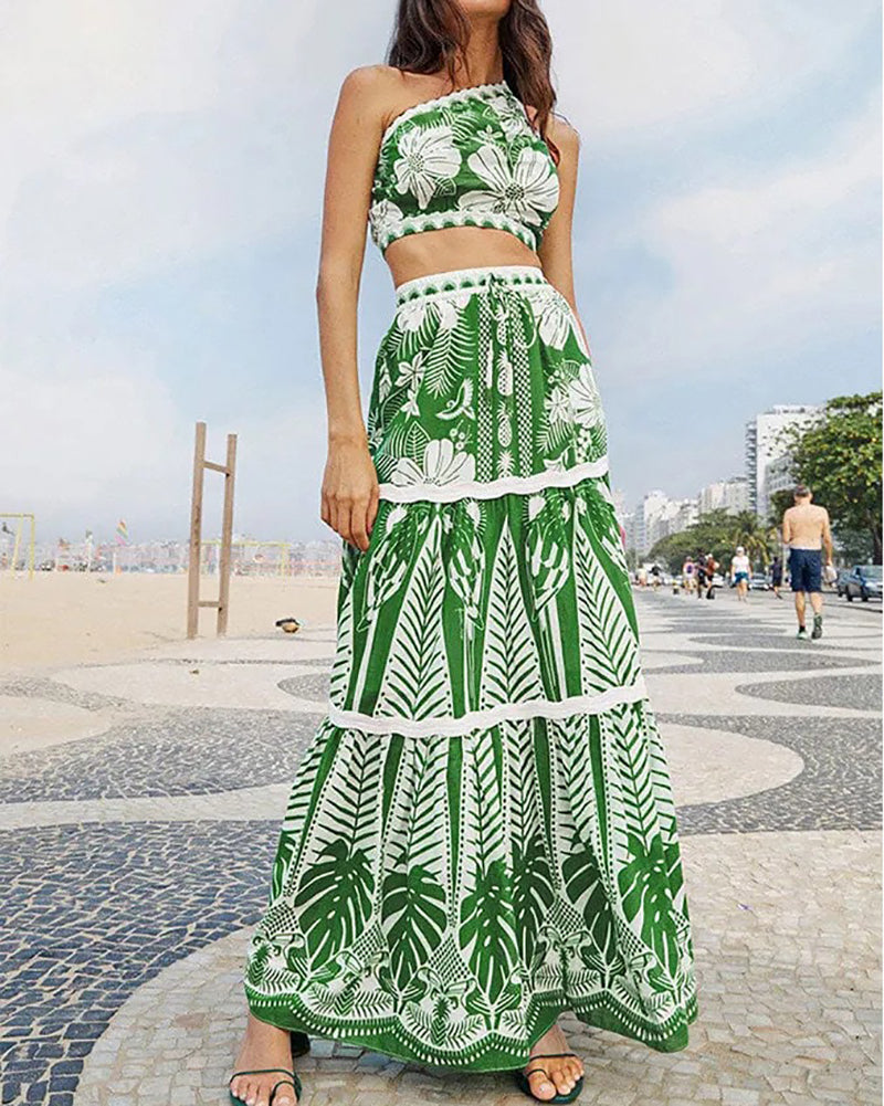 Retro One Shoulder High Waist Maxi Skirts Sets Three-piece Swimsuit Green Blue Purple Red S-XL