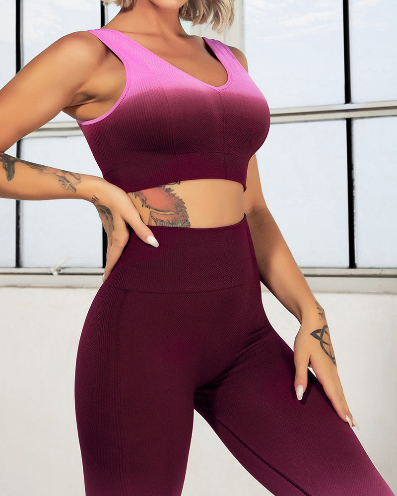 Gradient Yoga Suit Outdoor Workout Sports Suit V-neck Seamless Knitted Workout Suit S-L Pants Sets