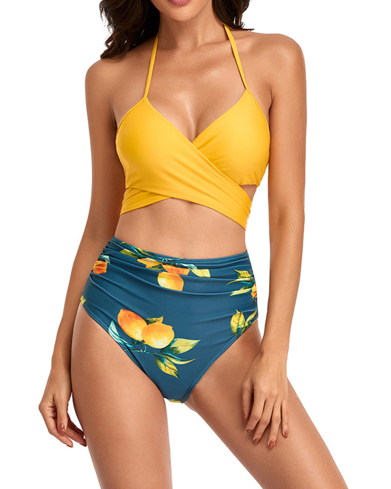 Sexy Floral Bikini Cross Bandage Split Swimsuit Tie Up High Waist Swimsuit YY10176