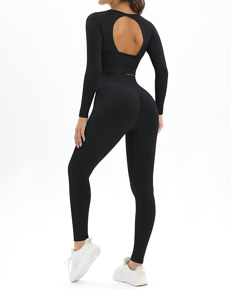 Long Sleeve Solid Color Backless Yoga Two-piece Set S-L Pants Sets