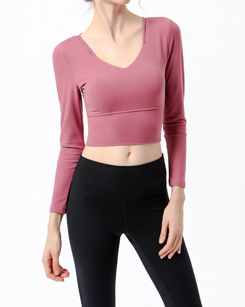 New Yoga Sports Fitness Long Sleeve T-Shirt Cross Beauty Back Yoga Top With Chest Pad S-XL