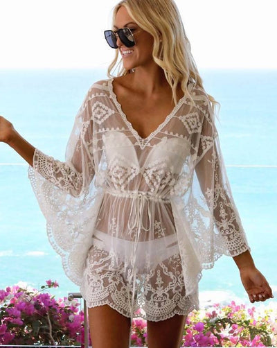 Women Solid Color Mesh See Through Cover Up White Black