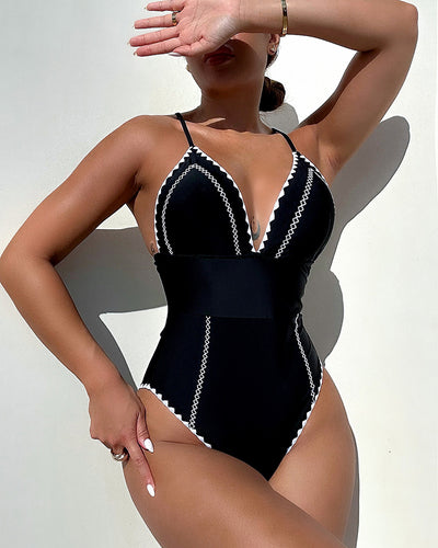 Black One Piece V-neck Swimsuit S-L