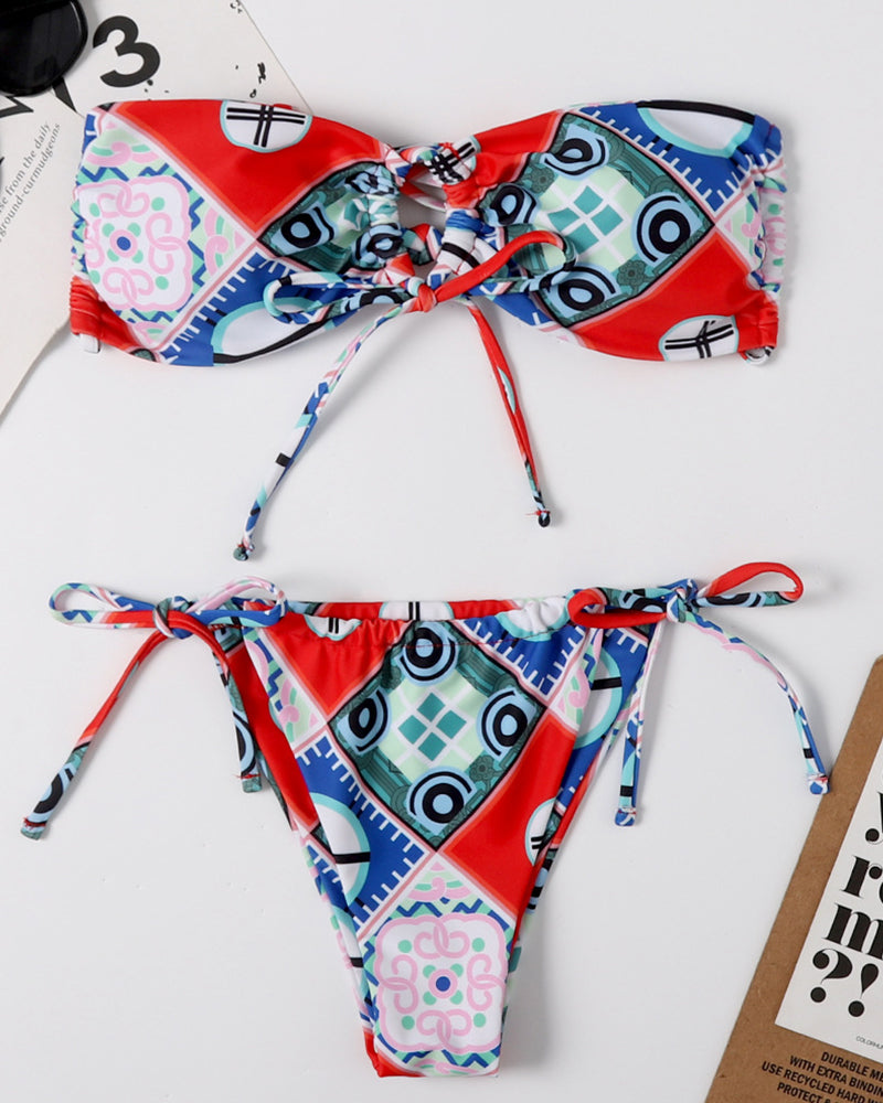 Sexy Women Pattern Print Tie Side String Two-piece Swimsuit Bikini Yellow Red Blue Green Light Yellow S-L YY10021