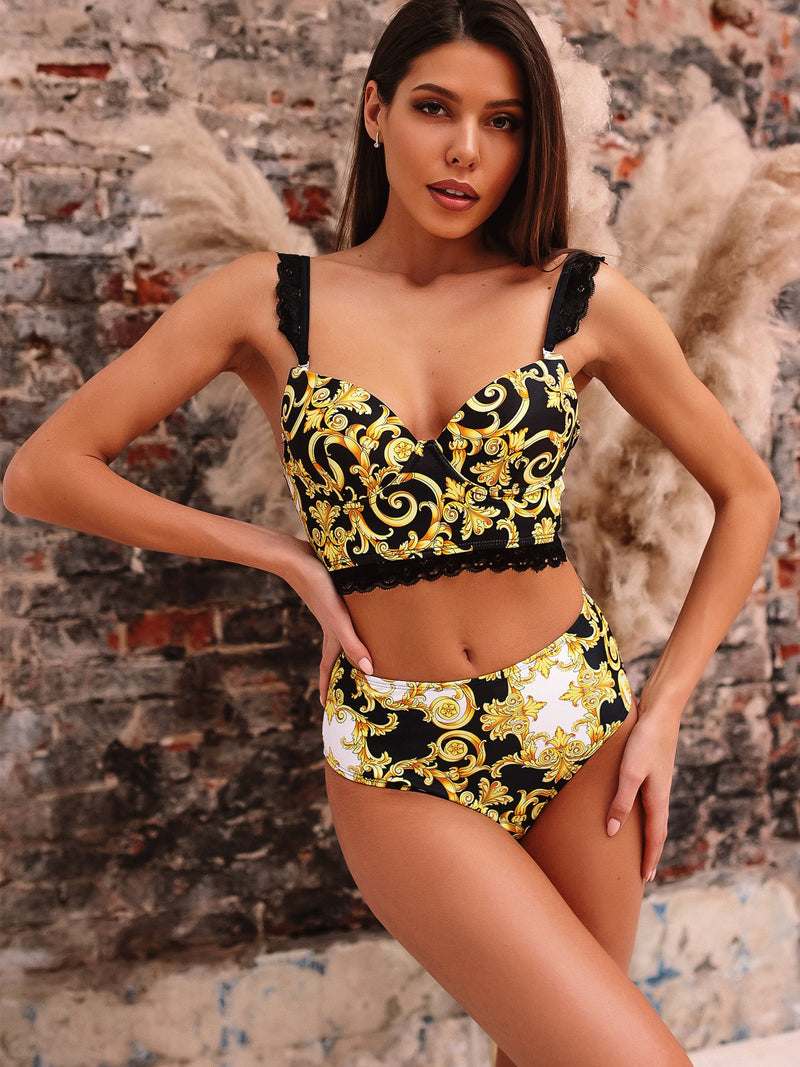 Sexy V-neck Lace High Waist Two-piece Swimsuit Yellow S-L YY10270