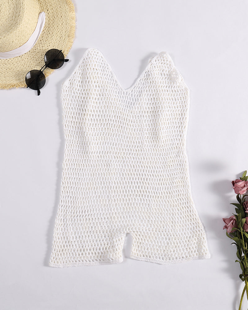 Hand Crochet Mini Dress low-cut back fitted halter Beach Dress short mini length OM26005