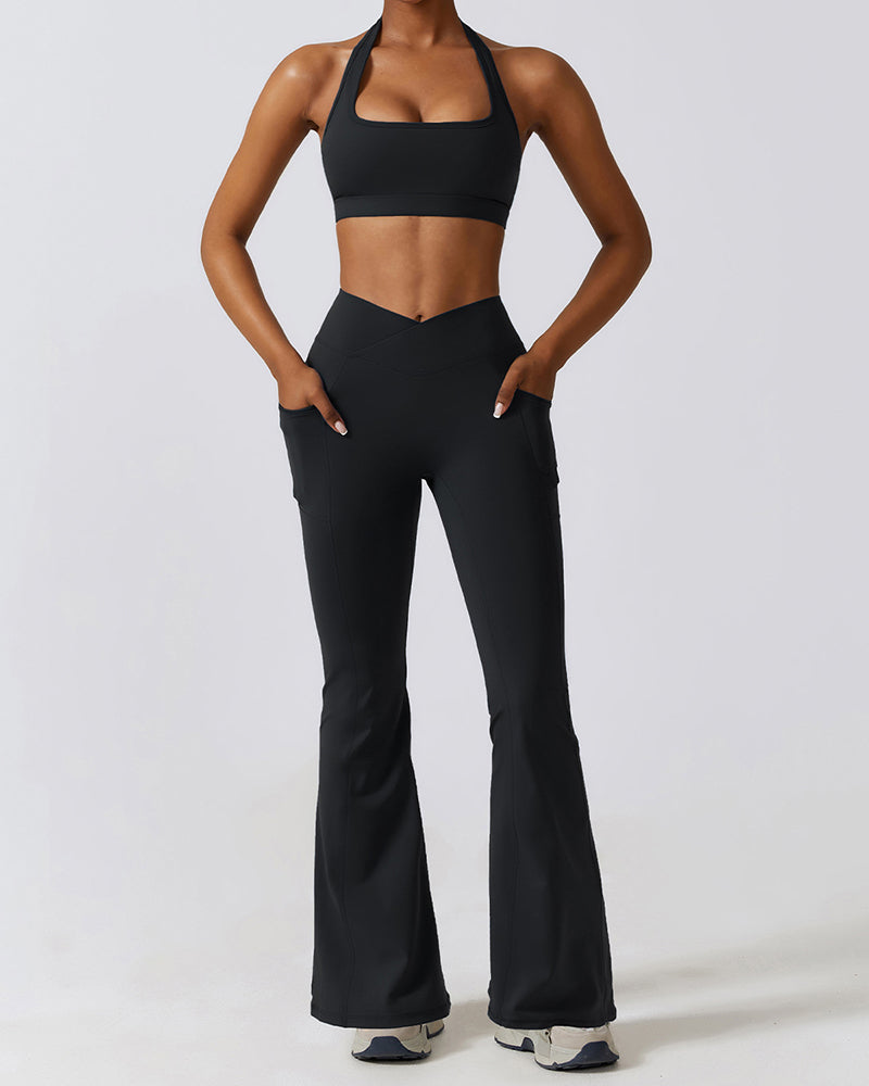 Women Halter Neck Square Collar Bra High Waist Flared Pants Yoga Two Piece Set S-XL