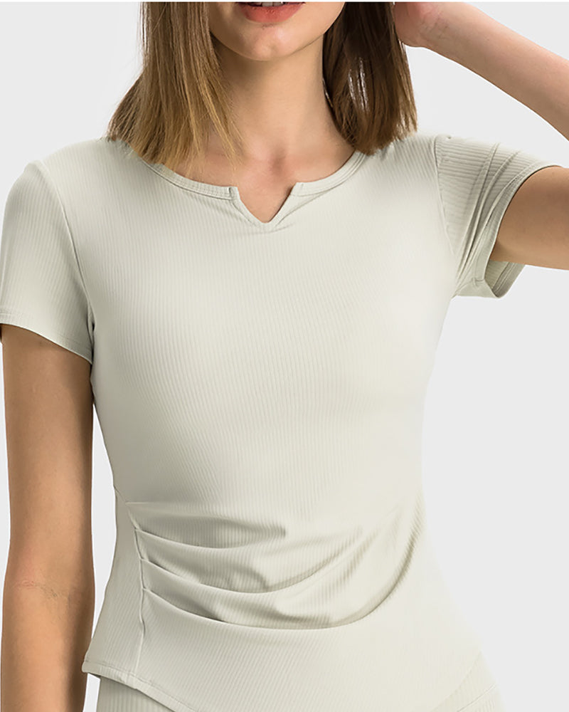 Women V-Neck Ruched Solid Color Short Sleeve Slim Yoga Tops 4-12